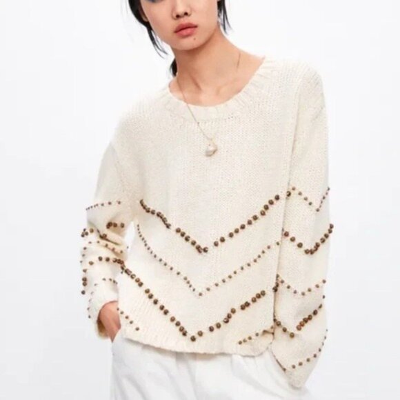 Zara Women’s Knit Boxy Sweater Cream SMALL‎ Chevron Wooden Beaded Boho 3859/007 - Picture 1 of 10